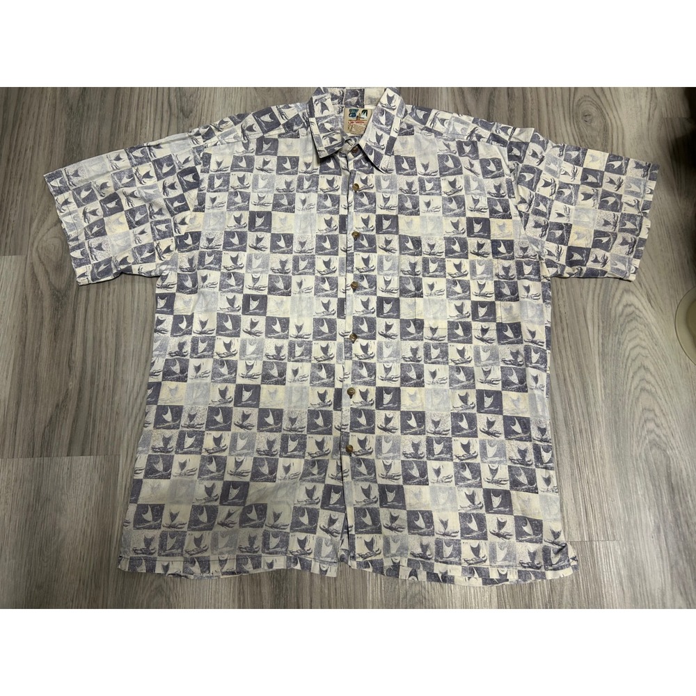 Kahala John Severson Sailboat Print Cotton Shirt L Blue White Check rare vintage